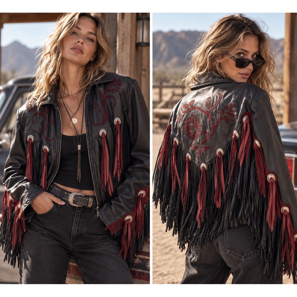 Dallas Premium Leather Western Fringe Jacket Black Burgundy Floral Concho USA 16